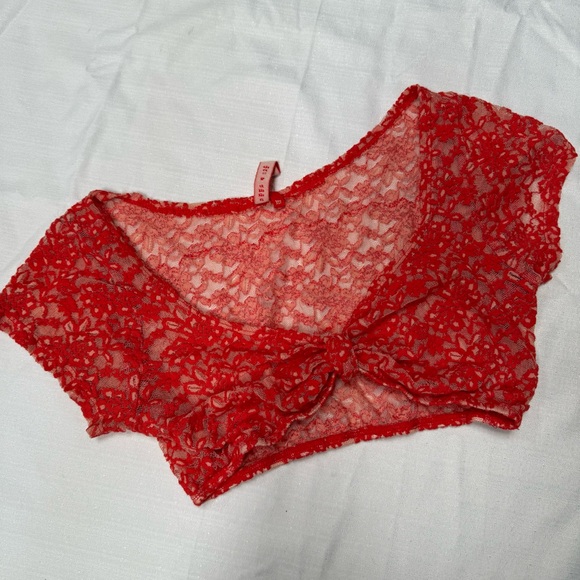 Red lace halter top sheer tie front coral small festival - Picture 10 of 11